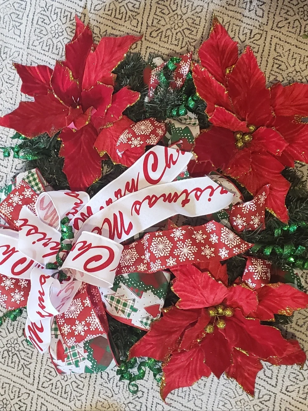 Holiday Red Poinsettia Wreath with Festive Ribbon